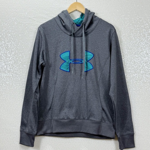 Under Armour ColdGear Hoodie Sweatshirt Gray Blue Logo Size Large Semi-Fitted - Picture 1 of 10